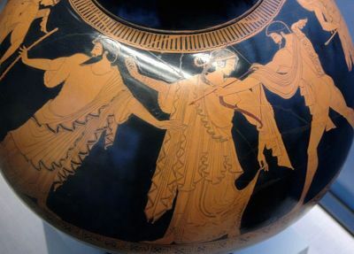 Idas en Marpessa worden gescheiden door Zeus. Zolder rode psykter, c. 480 B.C., door de Pan Painter.