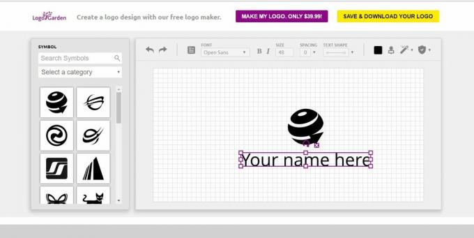 Screenshot van de gratis logo-maker LogoGarden ontwerpruimte