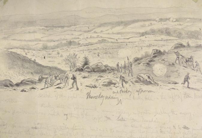 Vakbondsstandpunten op Little Round Top afgebeeld in oorlogsschets van kunstenaar Edwin Forbes