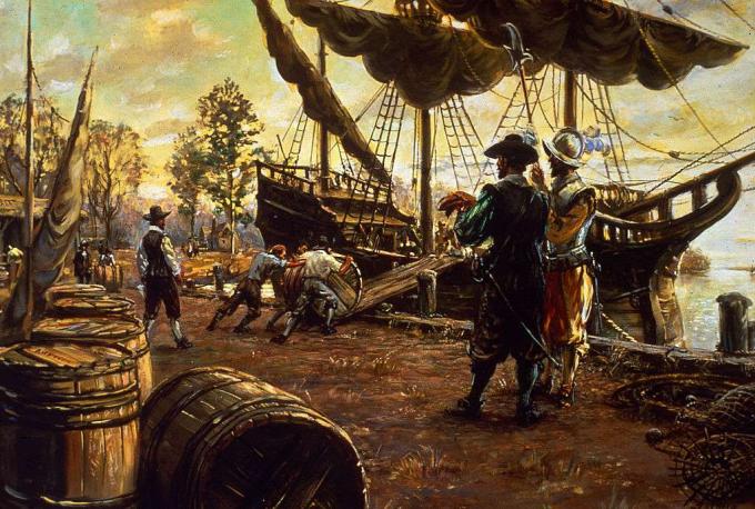Kolonisten rollen vaten tabak een helling op en op een schip ter voorbereiding op de export, Jamestown, Virginia, 1615.