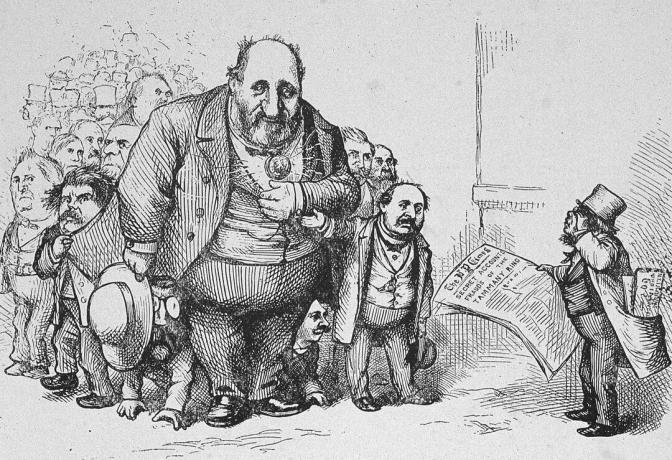 De cartoon van Thomas Nast toont de New York Times-lezer die Boss Tweed confronteert.