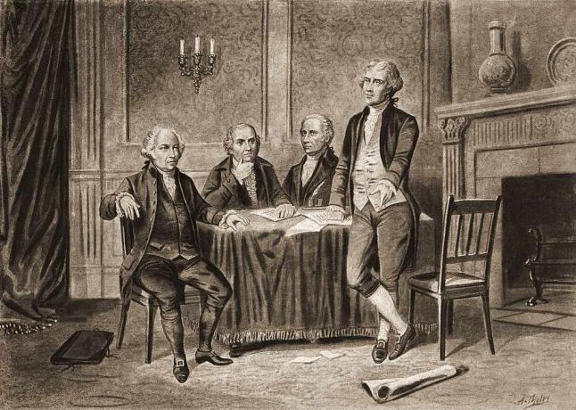 Illustratie van vier van de grondleggers van de Verenigde Staten, van links, John Adams, Robert Morris, Alexander Hamilton en Thomas Jefferson, 1774.