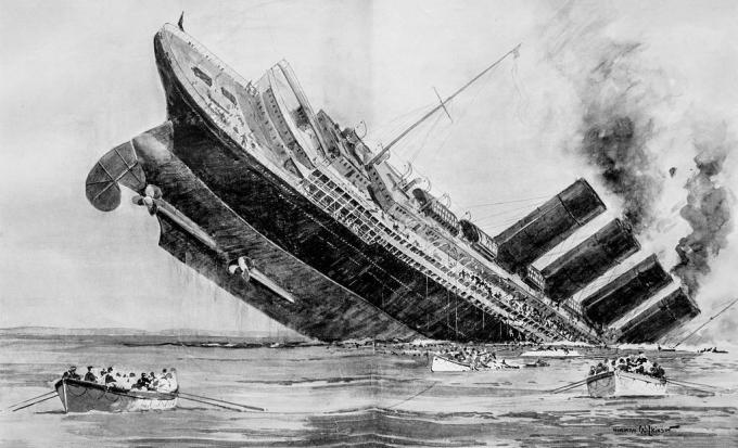 RMS Lusitania zinkt, achtersteven in de lucht.