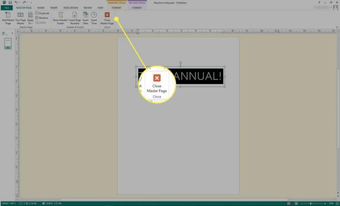 Een schermafbeelding van Microsoft Publisher met de knop "Hoofdpagina sluiten" gemarkeerd