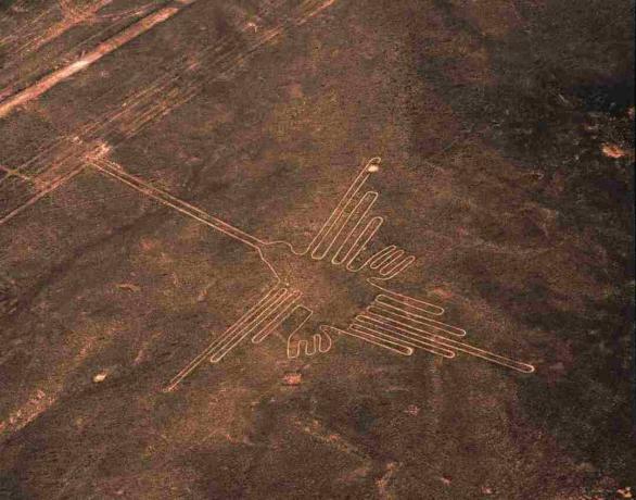 Luchtfoto van Hummingbird Geoglyph, Nazca-lijnen