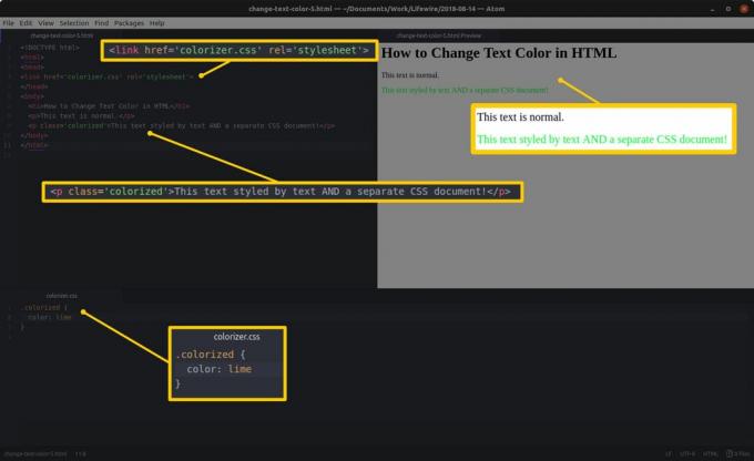 Code-editor met HTML en gemarkeerde secties aan de linkerkant en een HTML-voorbeeld en gemarkeerde resultaten aan de rechterkant, en een CSS-bewerkingspaneel met gemarkeerde secties aan de onderkant