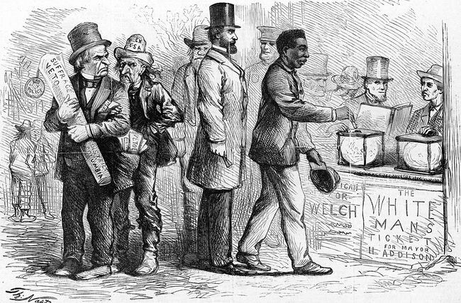 Maart 1867, Harper's Weekly politieke cartoon van de Amerikaanse cartoonist Thomas Nast, met een Afro-Amerikaan man gooit zijn stem in een stembus tijdens de verkiezingen in Georgetown terwijl Andrew Jackson en anderen toekijken boos.