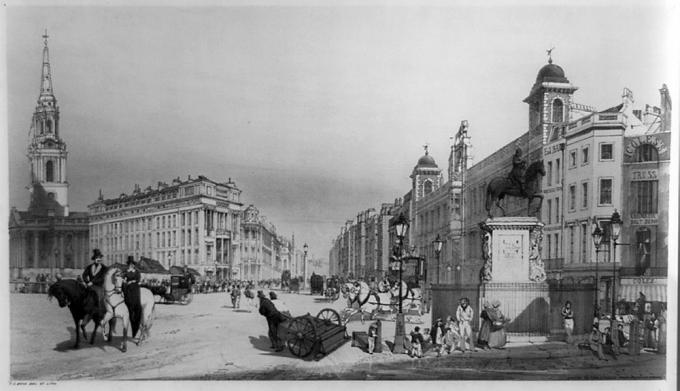 Toegang tot de Strand van Charing Cross, illustratie van mensen in London Street, 1841