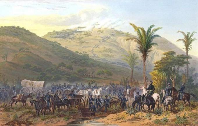 Amerikaanse troepen in het blauw gaan een heuvel op in de Slag bij Cerro Gordo, 1847.