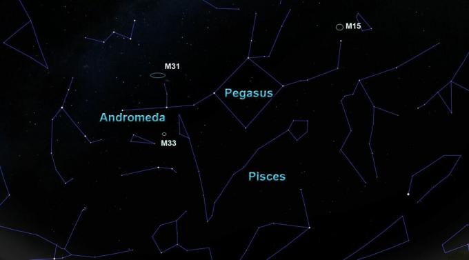 het sterrenbeeld Pegasus met zijn buren en enkele deep-sky objecten.