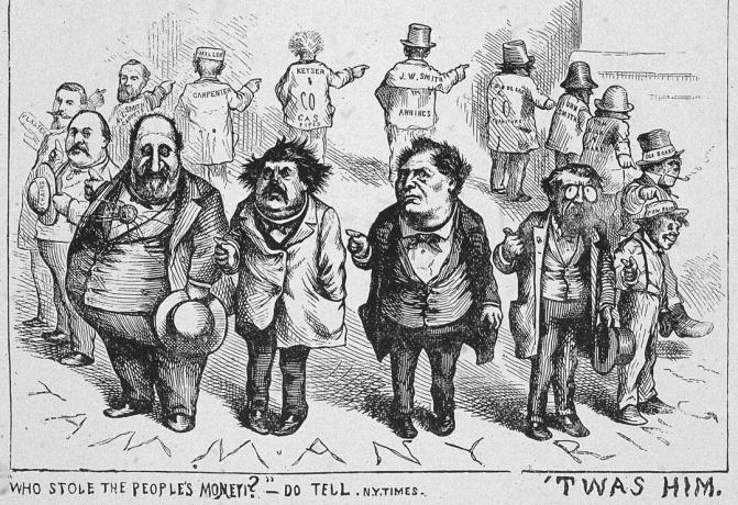 Thomas Nast-cartoon van Tweed Ring-leden die allemaal naar iemand anders wijzen.