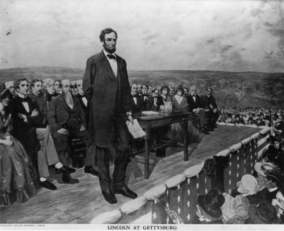 Abraham Lincoln, de 16e president van de Verenigde Staten van Amerika, houdt zijn beroemde 'Gettysburg Address'-toespraak op 19 november 1863.