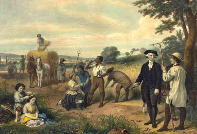 Schilderij van George Washington met slaven in Mount Vernon