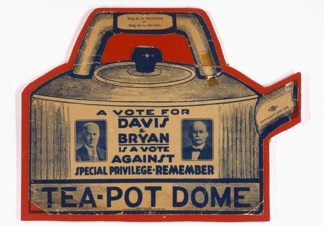 Verkiezingsadvertentie uit 1924 die verwijst naar het Teapot Dome-schandaal
