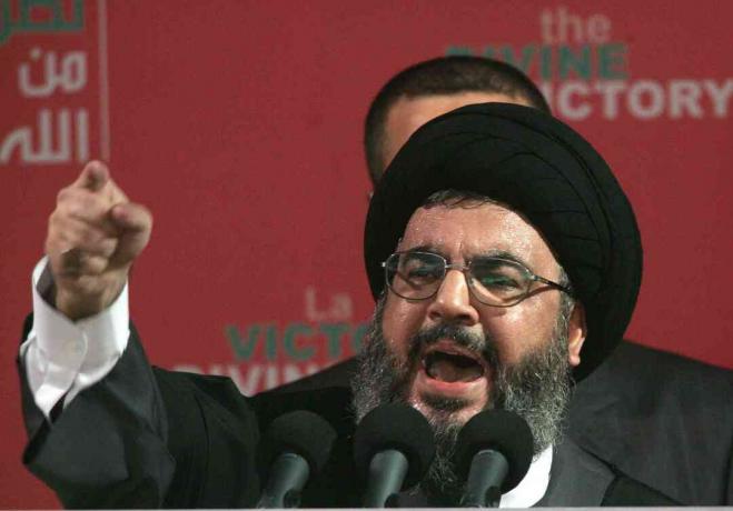 Hezbollah-leider Sayyed Hassan Nasrallah spreekt tijdens een bijeenkomst op 22 september 2006 in Beiroet, Libanon.