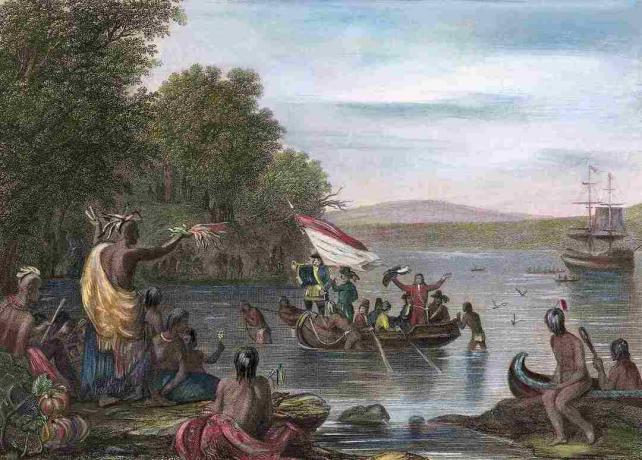 Henry Hudson Begroet door indianen