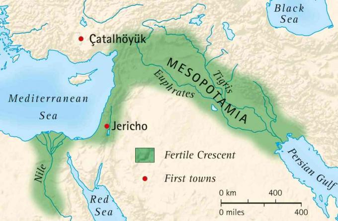 Kaart van de vruchtbare halve maan van Mesopotamië en Egypte en locatie van de eerste steden