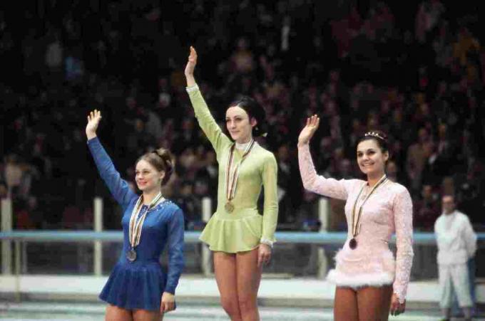 Olympische dames schaatswinnaars zwaaien