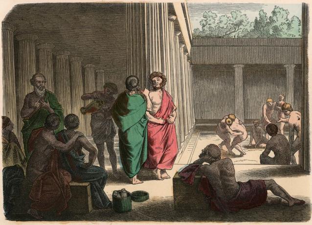 Ancient Greece: In het Gymnasium. Platonisten, epicuriërs, cynici en worstelaars - Gekleurde gravure door Heinrich Leutemann (1824-1905)