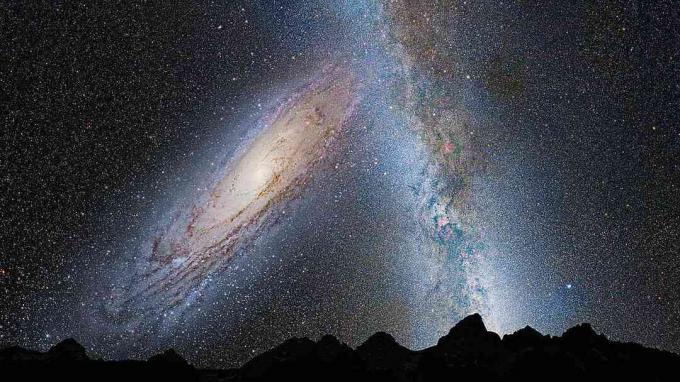 Andromeda en de Melkweg botsen, gezien vanaf het oppervlak van een planeet in ons sterrenstelsel.