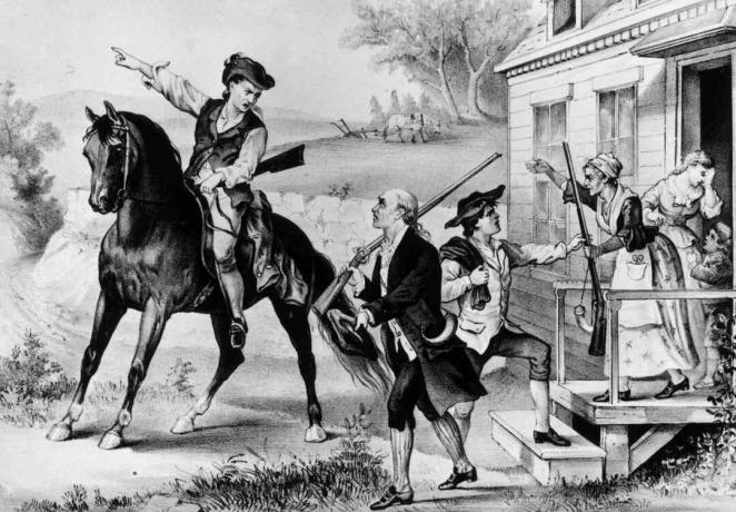 1774: Een bijeenkomst van Minutemen - koloniale milities van New England die klaar waren om in een oogwenk tegen de Britten te vechten.