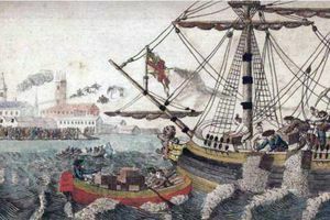 Schilderij van het Boston Tea Party met mensen die thee in de haven van Boston dumpen.