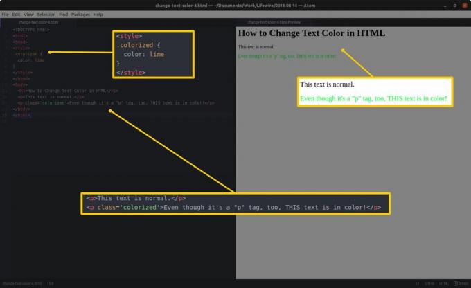 Code-editor met HTML en gemarkeerde secties aan de linkerkant en een HTML-voorbeeld en gemarkeerde resultaten aan de rechterkant