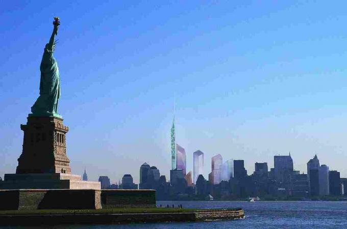 Uitzicht vanaf de haven Afbeelding uit het Masterplan van het World Trade Center, december 2002 door Studio Libeskind