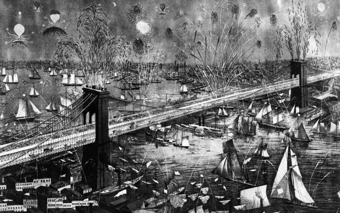 Vuurwerkvertoning over Brooklyn Bridge