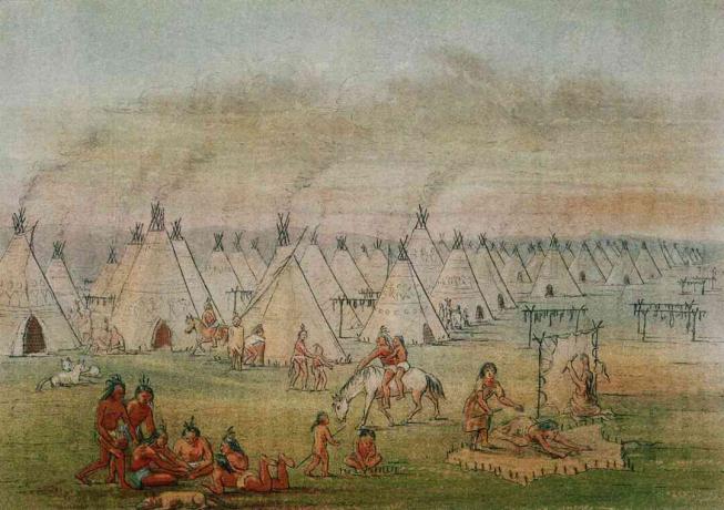 Gravure van een Comanche-dorp door George Catlin