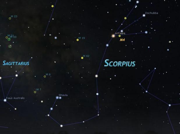 Deep-sky objecten in Scorpius en nabijgelegen Boogschutter.