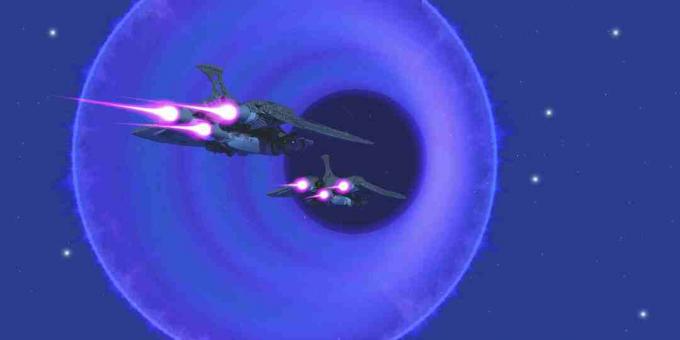 Artistieke afbeelding van twee ruimteschepen tegen een blauwachtige nachthemel, met cirkels van energie die een wormgat door de ruimte verbeelden.