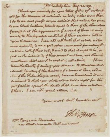 Thomas Jefferson's brief uit 1791 aan Benjamin Banneker