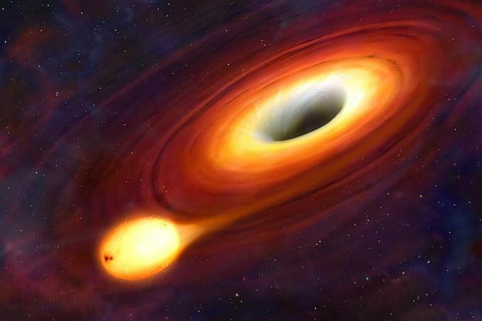 Een zwart gat is een object dat zo compact is dat niets aan zijn aantrekkingskracht kan ontsnappen. Zelfs niet licht. Op aarde moet een object worden gelanceerd met een snelheid van 11 km / s om te ontsnappen aan de zwaartekracht van de planeet en in een baan om de aarde te gaan. Maar de ontsnappingssnelheid van een zwart gat overtreft de lichtsnelheid. Omdat niets sneller kan reizen dan deze ultieme snelheid, zuigen zwarte gaten alles op, inclusief licht, waardoor ze volkomen donker en onzichtbaar zijn. In deze afbeelding zien we een zwart gat, maar alleen omdat het wordt omgeven door een oververhitte schijf van materiaal, een accretieschijf. Hoe dichter bij het gat het materiaal komt, hoe meer en meer licht wordt opgevangen, daarom wordt het gat donkerder naar het midden toe.