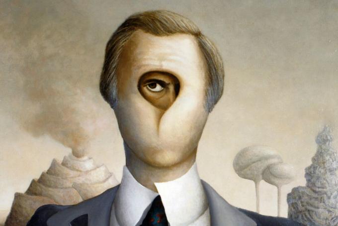 Surrealistisch schilderij van een man met één oog zichtbaar achter een masker.