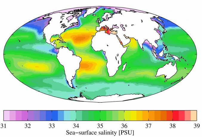 Jaarlijks gemiddeld zoutgehalte van het zeeoppervlak van de World Ocean Atlas 2009. Zoutgehalte wordt vermeld in praktische zoutgehalte-eenheden (PSU).