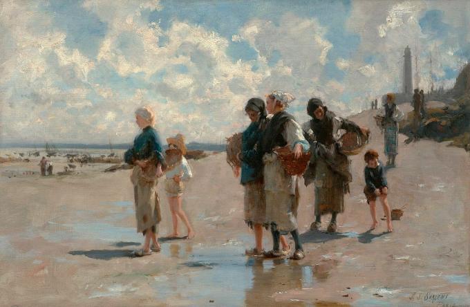 Scène van vrouwen en kinderen die op oesters op strand vissen