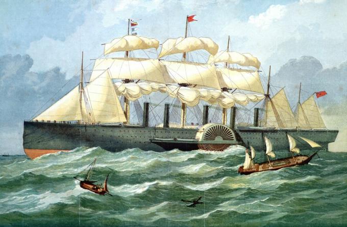 Kleurendruk van Brunel's SS Great Eastern.