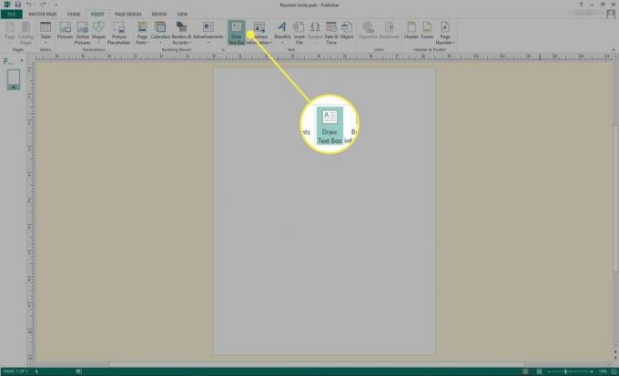 Een schermafbeelding van Microsoft Publisher met de opdracht Tekstvak tekenen gemarkeerd