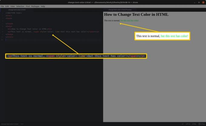 Code-editor met HTML en gemarkeerde secties aan de linkerkant en een HTML-voorbeeld en gemarkeerde resultaten aan de rechterkant