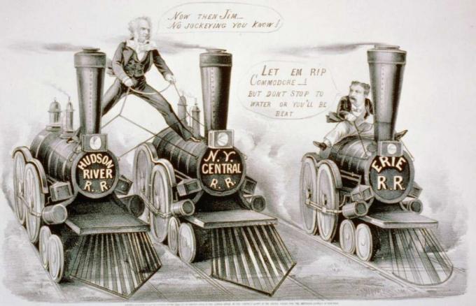 Illustratie van Cornelius Vanderbilt en Jim Fisk die strijden om controle over spoorwegen.