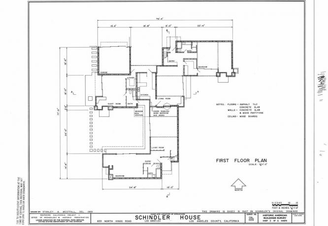 Eerste verdieping plan van het 1922 Schindler House in Los Angeles, Californië, getekend door Stanley A. Westfall, 1969