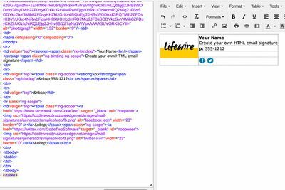 Een HTML-handtekening (rechts) met HTML-code (links)