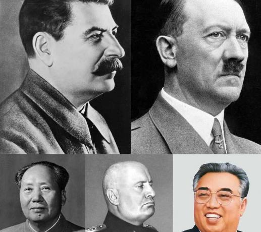 Collage van totalitaire leiders (elke rij - van links naar rechts) Joseph Stalin, Adolf Hitler, Mao Zedong, Benito Mussolini en Kim Il-sung.