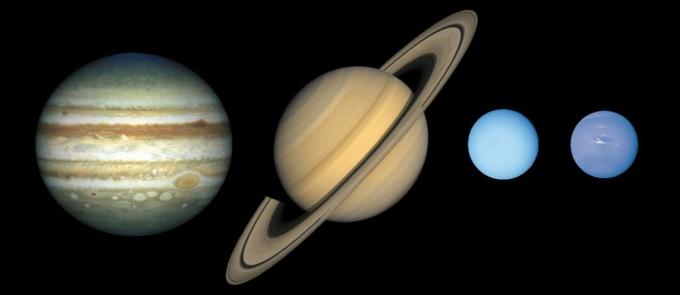de joviaanse werelden van jupiter, saturnus, uranus en neptunus