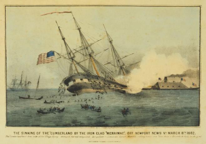 Een litho van de verwoestende aanval op de USS Cumberland door de CSS Virginia.