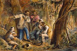 Full colour tekening van Nat Turner en andere slaven in een bosrijk gebied.