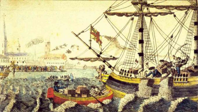 Artist's weergave van de Boston Tea Party, Boston, Massachusetts, 16 december 1773.