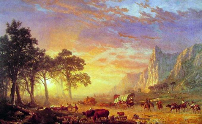 Het schilderen van kolonisten op Oregon Trail die naar een mooie zonsondergang lopen.