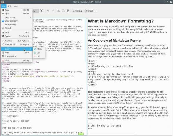 ReText, de Markdown-editor, met live preview en exportopties.